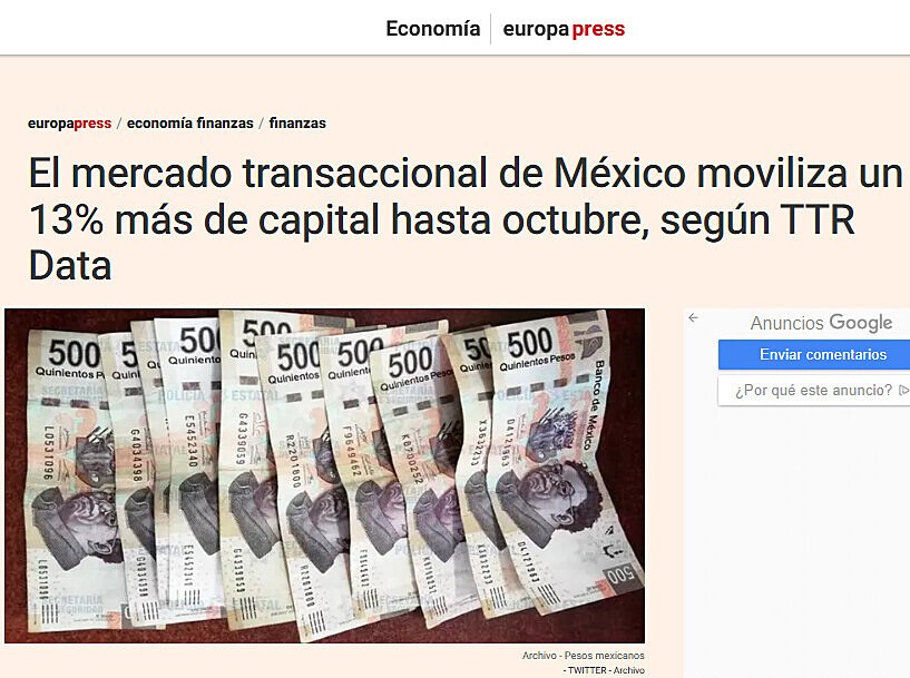 El mercado transaccional de Mxico moviliza un 13% ms de capital hasta octubre, segn TTR Data